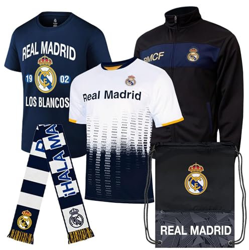 Icon Sports Ultimatives Fan-Paket: Offiziell lizenzierte CF Real Madrid Fußballtasche, Schal, Jacke und Hemden, 5-teiliges Vorteilsset, Real Madrid Starter Pack, XL