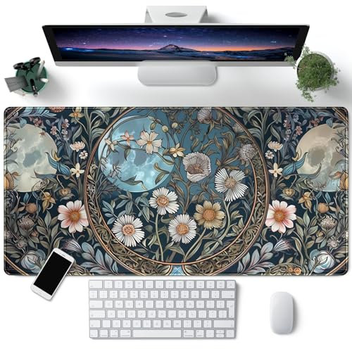 Tarot Triple Moon Desk Mat Retro Aesthetic Desk Pad Daisy Vintage Floral Extended Mouse Pad Large Gaming Mousepad XXL Laptop Computer Mouse Keyboard Mat 31.5 x 15.7 in for Office Desk Decor