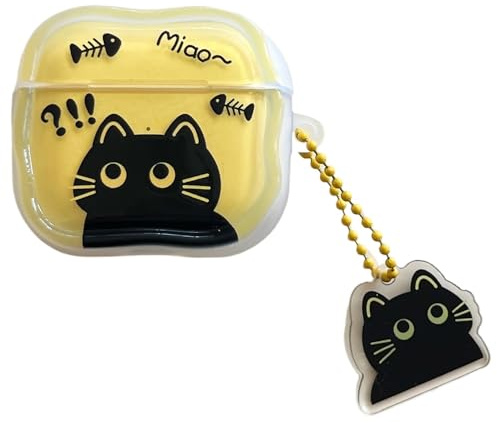 PIQIUZC Schutzhülle kompatibel mit AirPods 4, niedliches Cartoon-Design, lustiges schwarzes Kätzchenmuster, mit Kawaii-Anhänger für Airpods 4