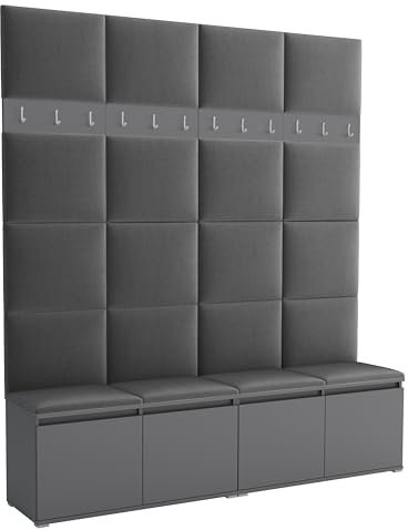 Brent - Garderobenschrank Flur Grau mit sitzbank 200 cm Breit Luton 2 - Multifunktionale Flurgarderobe Set mit Stauraum und Wandpaneel, Garderobe mit Sitzfläche und Kleiderhaken