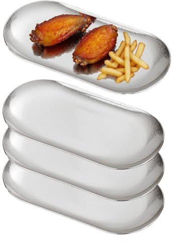 Ovales längliches Serviertablett aus Edelstahl 18x8cm,Silber,4er Set,stapelbarer Snackteller für Pommes Frites, Hähnchenflügel, Fingerfood, BBQ Gastronomie