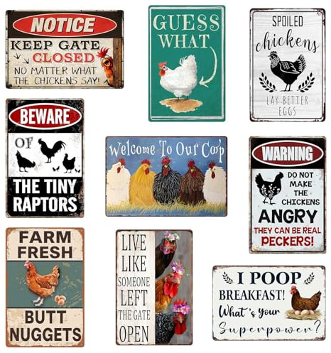Funny Chicken Coop Signs Outdoor Decor - Personalized Metal Farm Signs for Outdoors, Vintage Chickens Tin Sign 8x12 Inches (9-Pack) - Chicken Gifts for Chicken Lovers, Farmhouse Yard Fence & Garden Wall Decor