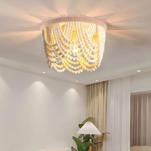 DESHOME Holzperlen-Deckenleuchte 32cm Rund Rustikale Deckenleuchten Boho Bauernhaus Beleuchtung Natürlicher Holz-Lampenschirm, für Schlafzimmer, Wohnzimmer, Esszimmer, Flur