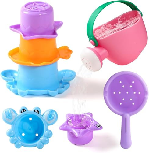 LinStyle Juguetes Bañera Bebe,Juguete Apilable Juego de Ducha Juegos de Agua Juguetes Piscina Juguetes Playa, 6 Piezas Juguetes Baño Bebe Regalo Educativo para Niños Niñas 1 2 3 4 Año