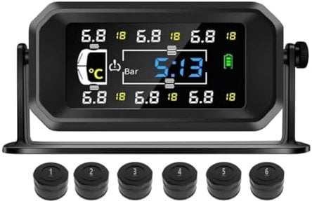 Fuhjythy Car RV Truck TPMS 6 Wheels Sensor Solar Tire Pressure Monitoring System Temperature Clock Air Pressure Display Alarm A
