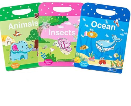 Tonsitian 3er-Set Wiederverwendbares 3D Puffy Stickerbuch, Gelee Stickerspiel Pädagogisches Sinnes-Lernspiel, Puffy Stickerspiel Reise-Sticker (Tiere, Insekten, Ozean)