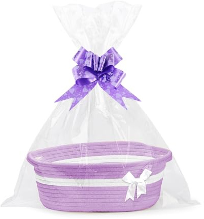 Jonuin Geschenkkorb Leer, Geflochten Korb für Geschenke mit 2 Transparente Geschenktüte und 2 Geschenkschleife, Präsentkorb Leer für Babyparty, Geburtstag, Hochzeit, Erntedank, Weihnachten (Lila)