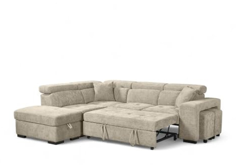 Chenille Beige L Shaped Corner Sofa Bed with Storage Ottoman, Adjustable Headrests and 2x Foot Stools - Durable Fabric Modular Sectional Pull Out Sofa Bed 4 Seater with Black Metal Feet - LEFT HAND