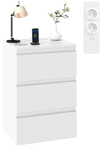 Songvas Mesita de Noche con 3 Cajones, Mesilla de Noche Blanca con 2 Enchufes AC y 2 Puertos USB, Mesa Auxiliar con Estación de Carga para Dormitorio y Salón, Moderna, 40 x 35 x 60 cm