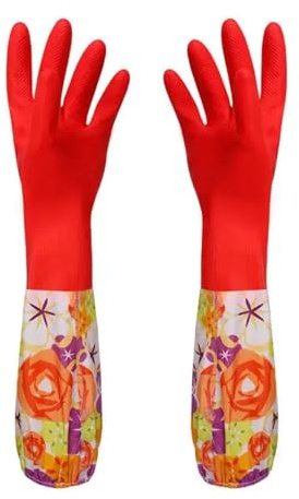 GCYEIDMA Cleaning Protective Gloves Flower Rubber Velvet Long Gloves Household Antiskid Washing Cleaning Dish(Red,General style)