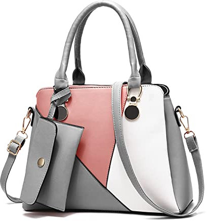 FANDARE Damen Handtasche 2pcs Schultertasche Umhängetasche Wasserdicht PU Leder mit Geldbörse Frauen Tragetasche Henkeltasche Tote 2-teiliges Set für Büro Schule Reisen Arbeitstasche Grau