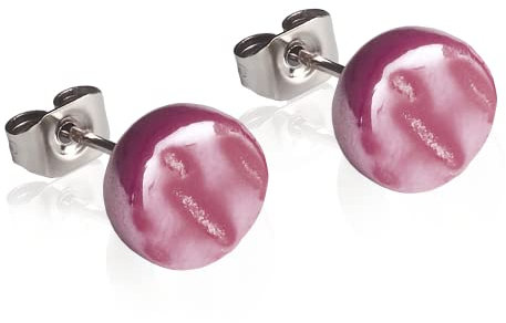 Runde Ohrstecker rose mit Stein in Perlmuttoptik • Bunte Ohrringe für Damen • Nachhaltiger Modeschmuck aus Edelstahl & Glas • Ø 8mm