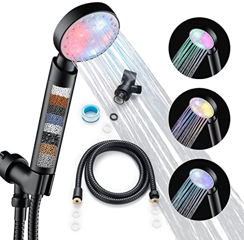 Filtered Shower Head Led Black Showerhead 7 Color Light Change Automatically Filter Filtration Handheld for Dry Skin & Hair