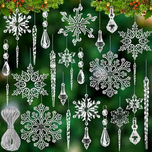 DIYDEC 36pcs Clear Christmas Tree Pendants, Acrylic Crystal hanging Set Xmas Tree Snowflake Icicles Teardrop Hanging Ornaments with Strings for Christmas Tree Party Hanging Indoor Decoration