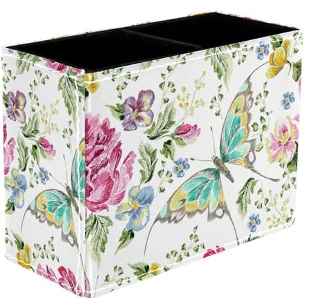 VAPOKF Stifthalter mit Stickerei Schmetterling in Rosen, Veilchen, Dschungel, Stiftehalter für Schreibtisch, 2 Fächer, Stiftehalter, Make-up-Pinsel, Aufbewahrung, Schreibtisch, Schreibwaren, Organizer