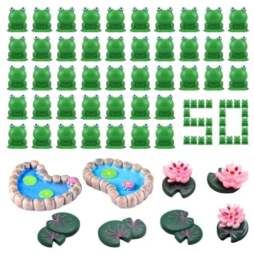 58 Stück Mini Frösche Mini Figuren Frosch Deko Frosch Figur Kleine Figuren Mini Harz Frösche Miniatur Landschaftsdekoration mit Lotosblume Lotosblatt für Miniaturgarten Landschaft Puppenhaus
