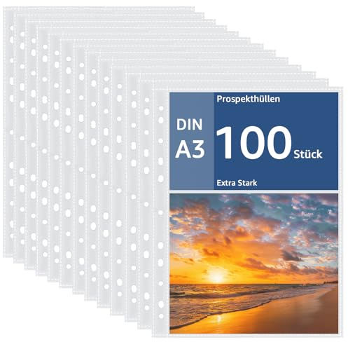 APACALI 100 Stück Klarsichthüllen A3, 0.05mm Prospekthüllen A3 mit Lochung, Extra Stark Klarsichtfolien A3, Oben Offen Klarsichthüllen A4 glasklar, Sicht-Hüllen Plastikhülle für A3 Ordner Dokumente