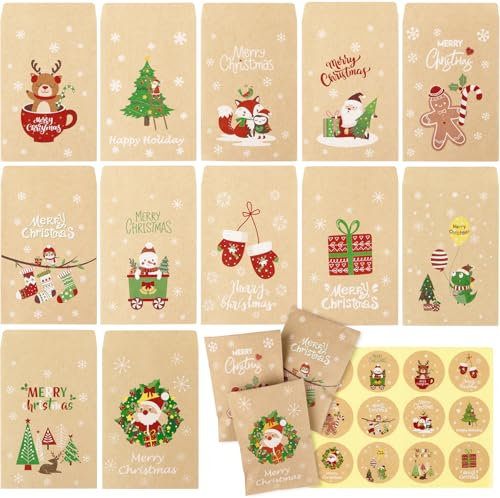 48 Stk 7,7x11cm Papiertüten Weihnachten Merry Christmas Mini Geschenktüten Kraftpapier Tüten Papier Klein Geschenk Candy Partytüten für Süßigkeiten Adventsfest Adventskalender Fest Party