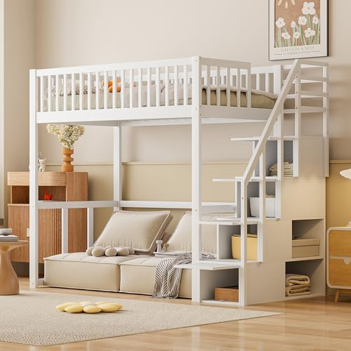 Moimhear Hochbett 90x200 mit Sicherheits-Aufbewahrungsleiter, Bettgestell aus massivem Kiefernholz für Kinder und Jugendliche (weiß)