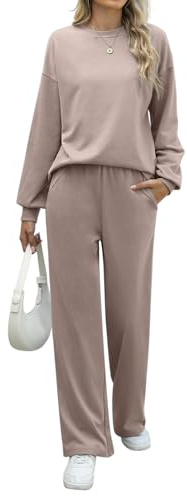 REORIA Women Cotton Lounge Wear Sets Crew Neck Tracksuit Set Two Piece Outfit Long Sleeve Top and Wide Leg Pants Co Ord Sets Khaki XXL