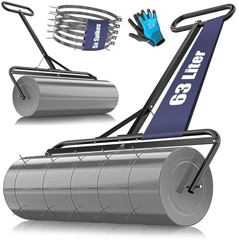 KESSER® Rullo per prati in metallo riempito con acqua o sabbia con 63 litri di volume e 99 cm di larghezza, rullo da giardino con 5 punte e guanti, rullo a mano in antracite
