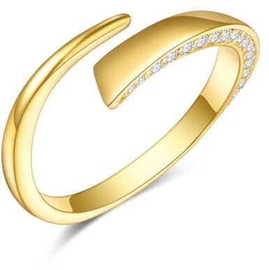 praymos 14K Gold Rings for Women Non Tarnish CZ Gold Wedding Bands Stackable Thumb Ring Open Twist Adjustable Rings Size