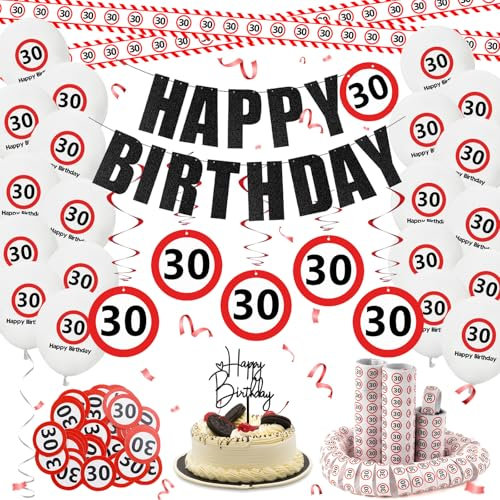 Affivia Verkehrszeichen 30 Geburtstag Deko mit Absperrband, Luftballons, Spiralen,Girlande,Konfetti,Kuchendeko,Luftschlangen, Geburtstagsdeko 30 Geburtstag Männer Frauen, Deko 30 Geburtstage Frau Mann