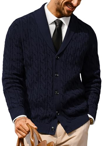 PJ PAUL JONES Men's Cardigans Shawl Neck Button Down Cable Knitted Cardigans Winter Coat Navy Blue XL