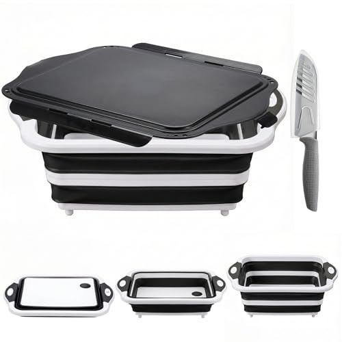 Collapsible BBQ Prep Tub with Lid, Foldable Camping Sink with Colander, Cutting Board, Dish Basin for Kitchen, Bowl, Vegetable and Fruit, Storage Basket for Picnic-Black