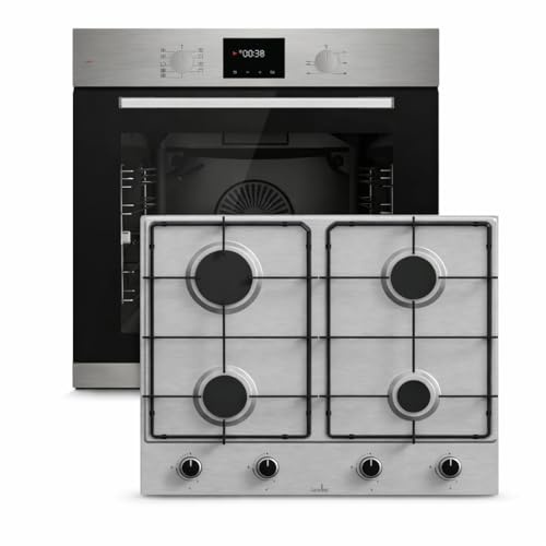 Böhme Einbaubackofen HB60F78PPX Edelstahl mit Heißluft, 78L, versenkbare Knebel, Timer, 1-fach Teleskopauszug + Gasline Gaskochfeld 60 cm Edelstahl, 4 Brenner, LPG & Erdgas