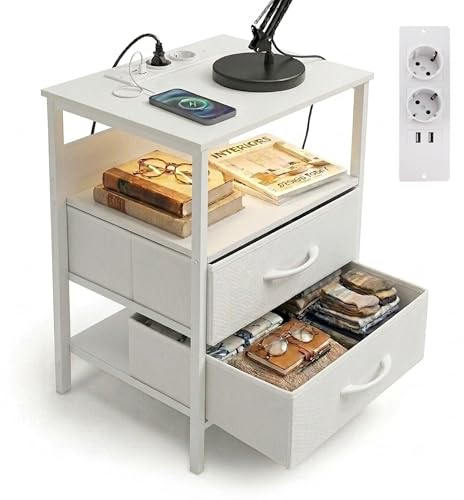 Relaxdays Beistelltisch mit LED, Steckdosen, USB-Anschluss, 2 Schubladen, HxBxT: 60 x 40 x 30 cm, Nachttisch, weiß