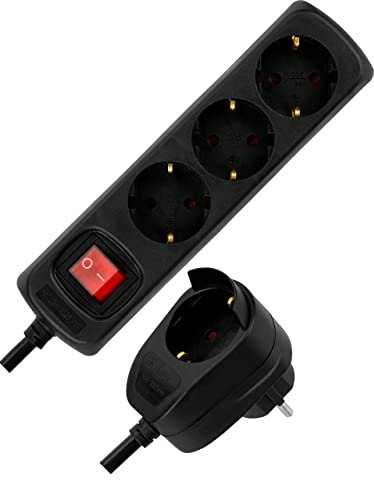 REV Steckdosenleiste PowerSplit - Mehrfachsteckdose 4-Fach (3+1), mit Schalter zum Stromsparen, 3500W, 2m, schwarz