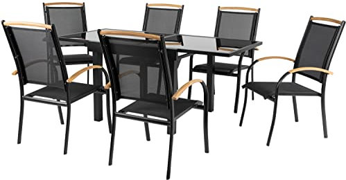 ib style - Diplomat-Quadro Gartengarnitur | mit Stapelstühle | Alu SCHWARZ + TEAKHOLZ + Textilen SCHWARZ | 6 Kombinationen | Ausziehtisch mit Sicherheitsglas 90-180 cm | Stapelstühle | 7-teilig