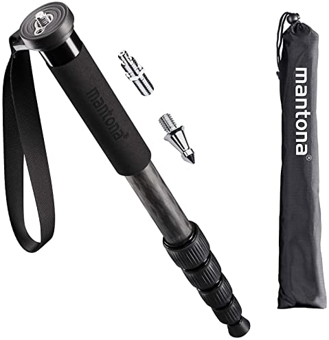 mantona Pro One Einbeinstativ aus ultraleichtem Carbon schwarz, Stativ höhenverstellbar von 44 cm bis 165 cm, praktische Schaumstoffummantelung & Handschlaufe, kompakt & belastbar mit Zubehör
