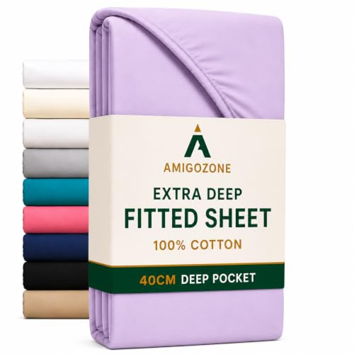 16(40cm) Extra Deep Fitted Sheet Double Size Lilac 100% Cotton 200 Thread Count Fitted Sheet (Double, Lilac)