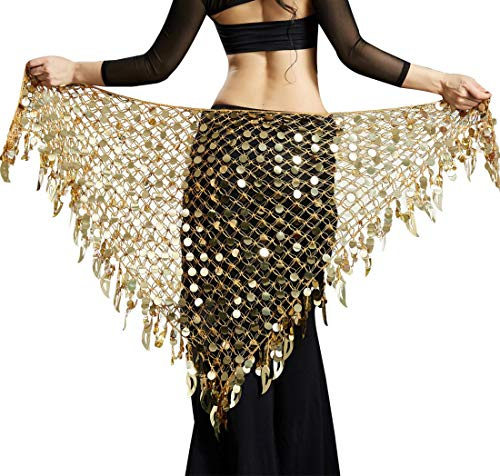 Women Belly Dancing Wrap Skirts Hip Scarf Gypsy Scarf with Sequins Plus Size Costume Belt Gold