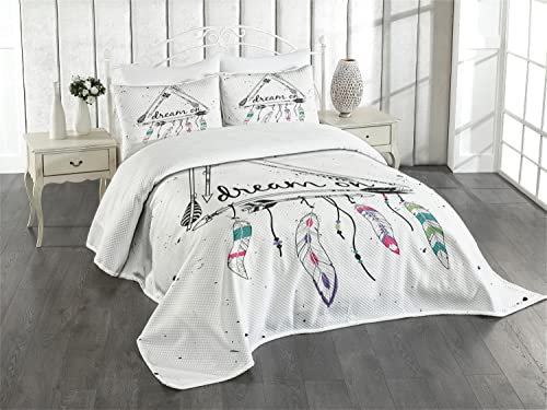 ABAKUHAUS Indie Tagesdecke Set, böhmische Traum, Set mit Kissenbezügen Waschbar, für Doppelbetten 220 x 220 cm, Grau Weiß
