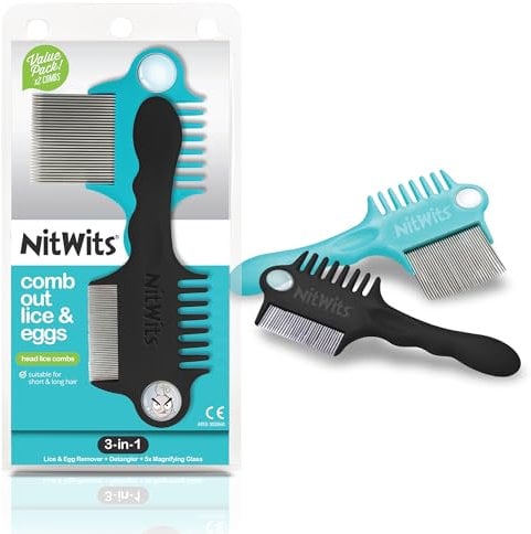 NitWits Läusekamm Kinder & Erwachsense (2er Pack) - 3-In-1 Metall Läuse und Nissenkamm mit Haarentwirrer und Lupe
