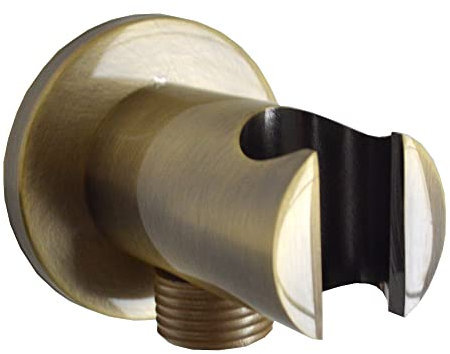 ENKI, O03, Shower Outlet Elbow with Holder, Solid Brass, Hand Shower Wall Valve Connector with Bracket, Round Design, Antique Brass