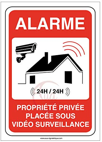 AUA SIGNALETIQUE - Autocollant propriété privée sous alarme vidéo surveillance 24H /24-75x105 mm, Vinyl adhésif