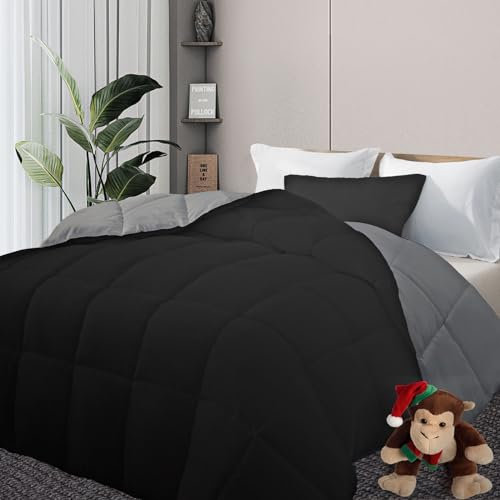 DOWNCOOL Steppdecke für King-Size-Bett, wendbar, Schwarz/Grau, Ganzjahresdecke, leichte Steppdecke, Daunen-Alternative, Hoteldecke mit Ecklaschen (Schwarz/Grau, Kingsize-Bett: 250 x 228 cm)