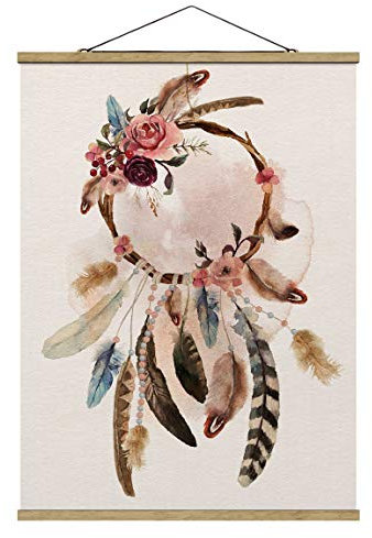 Stoffbild Posterleisten Traumfänger Rosen Federn Hochformat 4:3 66.4x50cm Eiche