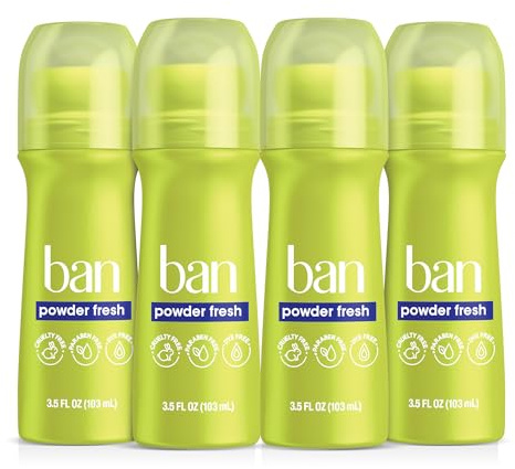 Ban Invisible Roll-on Antiperspirant Deodorant for Women and Men, 24-hour Underarm Odor & Sweat Protection, Powder Fresh, 3.5 Oz, Pack of 4