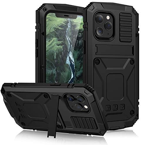 iPhone 12 Case, Aluminum Metal Gorilla Glass Shockproof Military Heavy Duty Sturdy Protector Cover Hard Case for iPhone 12 (Black)