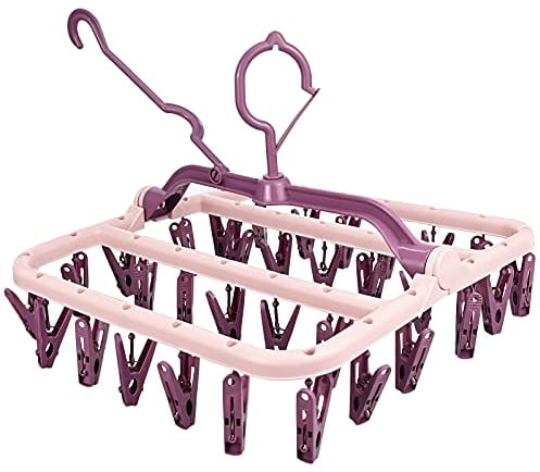 Sock Drying Racks, Folding Laundry Hanger with 32 Pegs Clothes Drying Rack, Wind-proof Clothes Hanger Rack Hanging Dryer Laundry Airer for Socks Underwear Shoe Insoles Baby Clothes Gloves (Pink)