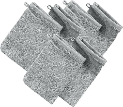Erwin Müller Waschhandschuh Heidelberg 6er- Pack, 100% Baumwolle hellgrau Größe 15x21 cm - weiche Qualität, saugstark und strapazierfähig - praktisch durch Schlaufe