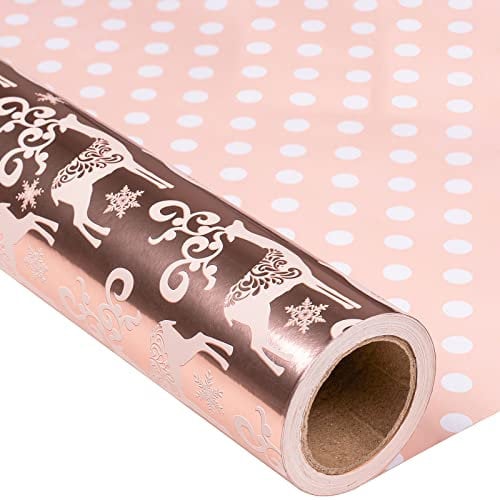 MAYPLUSS Christmas Reversible Wrapping Paper Jumbo Roll - 30 Inches x 100 Feet - Rose Gold Reindeer with Glitter Metallic Foil Shine