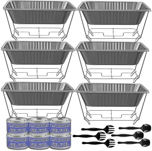 Chafing Dish Buffet Set, Half Size, Disposable Catering Supplies -6 Pack- Food Warmers for Parties: Foldable Wire Racks, Fuel, Aluminum Water Pans, Food Pans, Serving Utensils