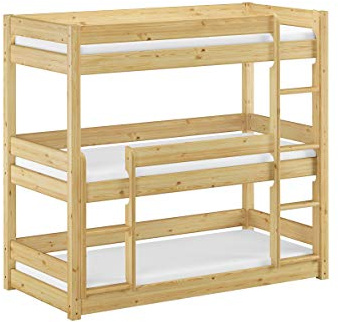 Erst-Holz®Dreier-Stockbett für DREI Erwachsene Personen 80x200 Kiefer massiv Natur Zubehör wählbar V-60.03-08Rollrost und Matratze inkl.