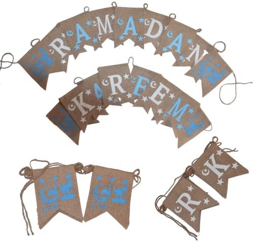SAAIF Hosgeldin Ramadan Kareem Deko, Girlande Set Für Wohnzimmer Ramazan Dekor, Jute Wimpelkette Islamische Eid Mubarak Dekoration Mit Mond, Stern, Kamel, Dattelpflanzen, Moschee und Laternen Motiven